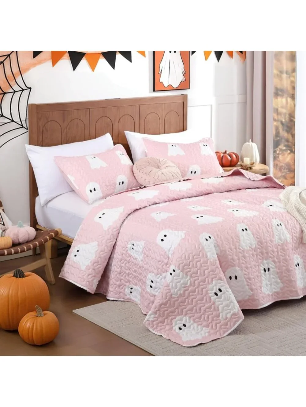 Spooky Pink Halloween Quilt King Size Set - 3 Piece Ghost Bedspread Bedding